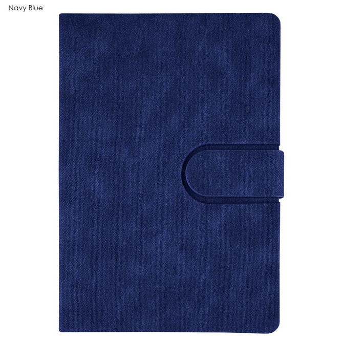 A navy blue notebook with a textured cover and a clasp closure. It features a logo on the front.