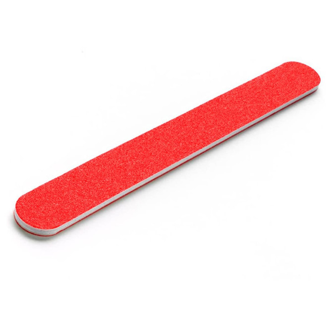 A red nail file with a textured surface, featuring a smooth edge and an unmarked logo.