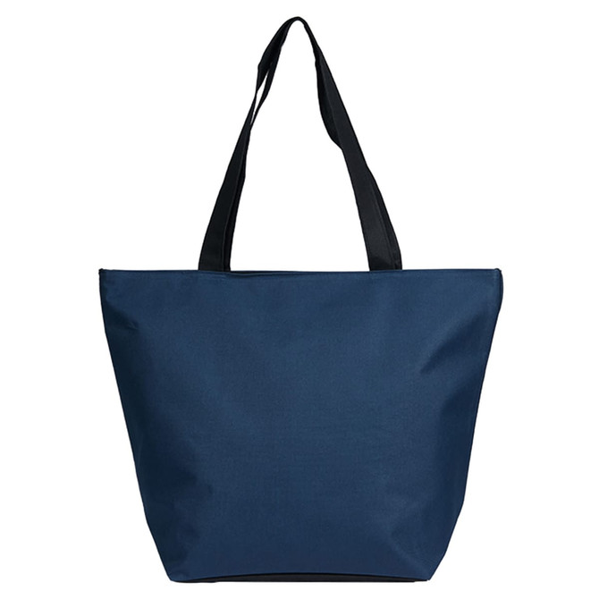 A navy blue tote bag with black handles and a simple design. It features a logo.