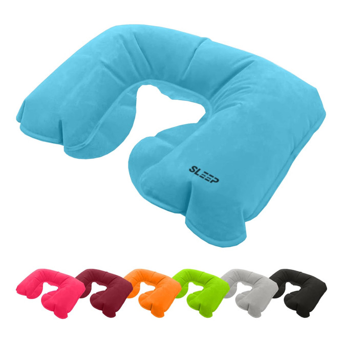 A turquoise travel neck pillow shaped for comfort, featuring a logo and available in multiple colours.