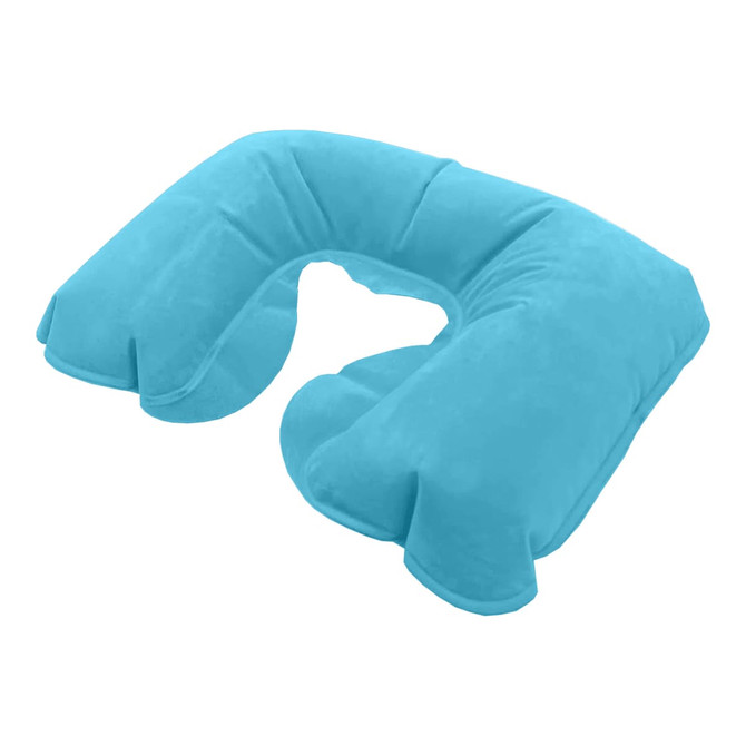 A blue travel neck pillow with a U-shape design, featuring a soft, plush texture. It has a logo on the side.