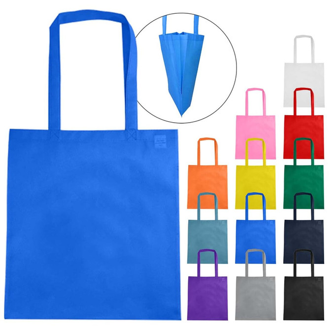A blue non-woven tote bag with a V gusset, featuring multiple colour variations and a logo.