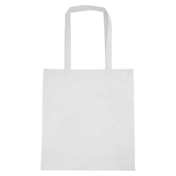A white non-woven tote bag with a V gusset and two shoulder straps, featuring a logo on one side.