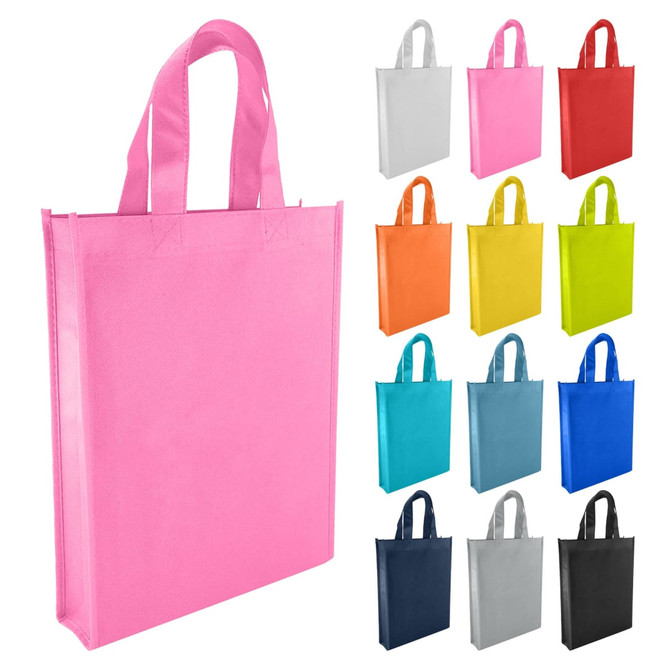 A pink non-woven tote bag with multiple colour options including grey, red, orange, yellow, blue, and black.