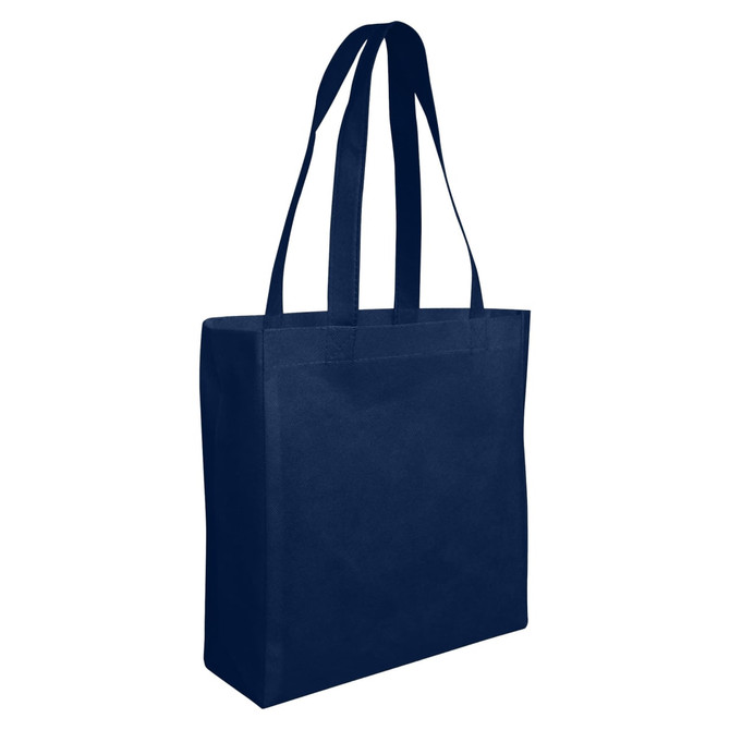 A navy blue non-woven shopper bag with two sturdy handles and a rectangular design. It has a logo on one side.