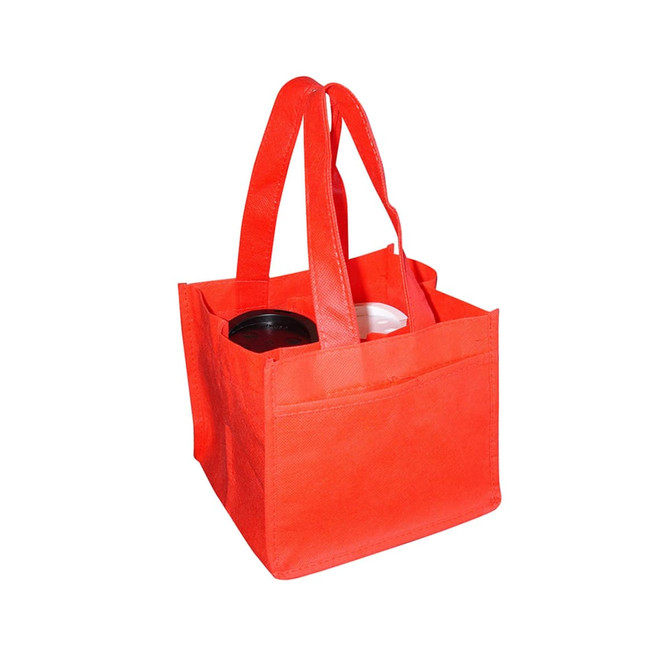 A red non-woven bag designed to hold four coffee cups, featuring two sturdy handles and a logo.