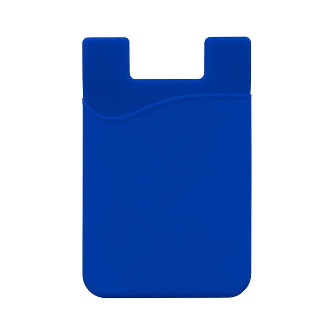 A blue mobile phone wallet with a curved design and a slot for cards. It has a logo on the front.
