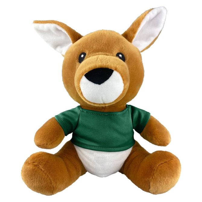 A brown kangaroo plush toy wearing a green shirt, featuring large ears and a friendly face, with a logo on the shirt.