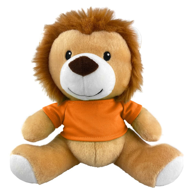A lion plush toy with a fluffy mane and soft, tan body, wearing an orange shirt. It has a friendly expression and a logo.