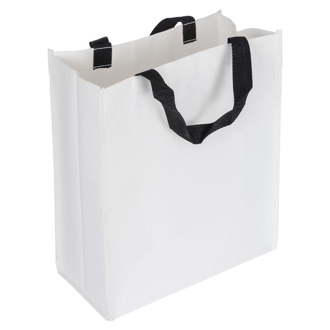 A white paper bag with black handles, featuring a simple design and a branding logo.