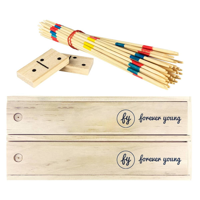 A wooden play set featuring colourful pick-up sticks and a set of dominoes, all in a natural wood finish.