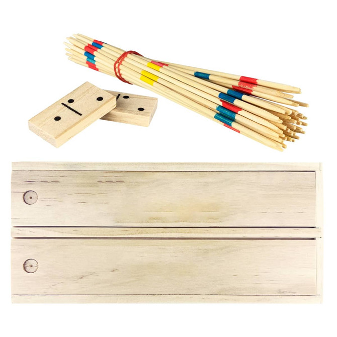 A wooden play set featuring coloured sticks and dominoes in natural wood tones. The set includes a logo.