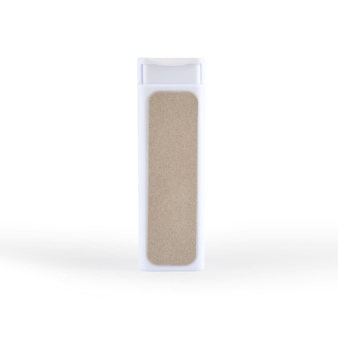 A white spray bottle with a beige cleaning cloth section on the front, designed for screen cleaning.