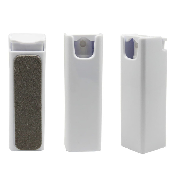A white spray screen cleaner with a textured cleaning surface, showcasing three angles of the product.