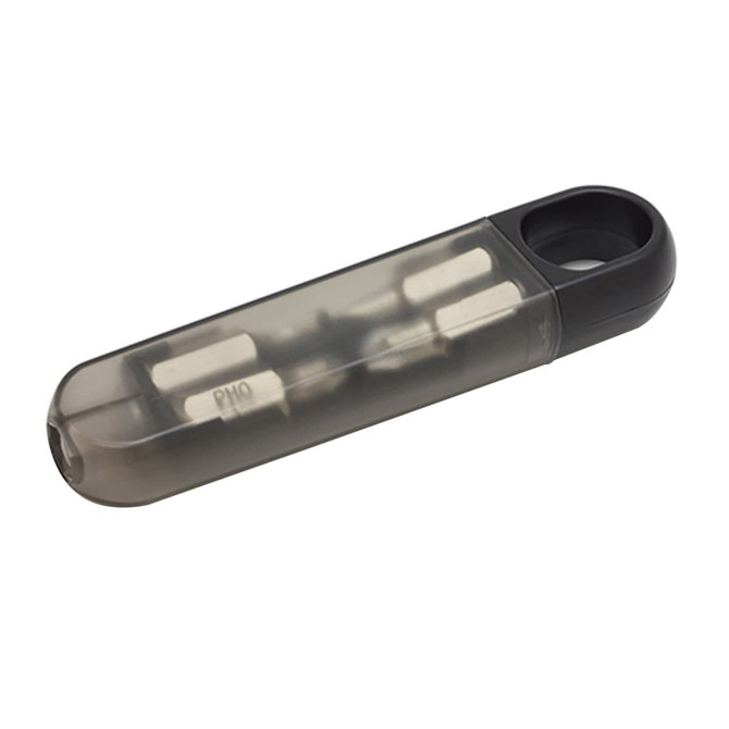 A clear and black mini screwdriver kit featuring multiple screwdrivers within a compact casing.