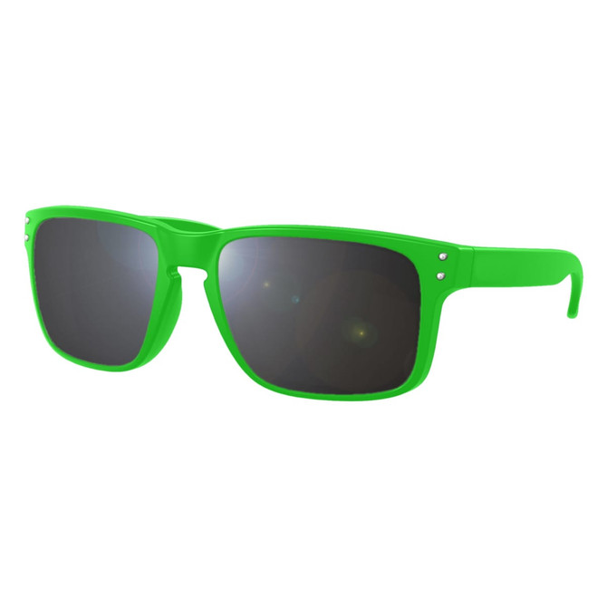 Bright green sunglasses with dark lenses, featuring a branded logo on the side. Suitable for leisure and outdoor activities.