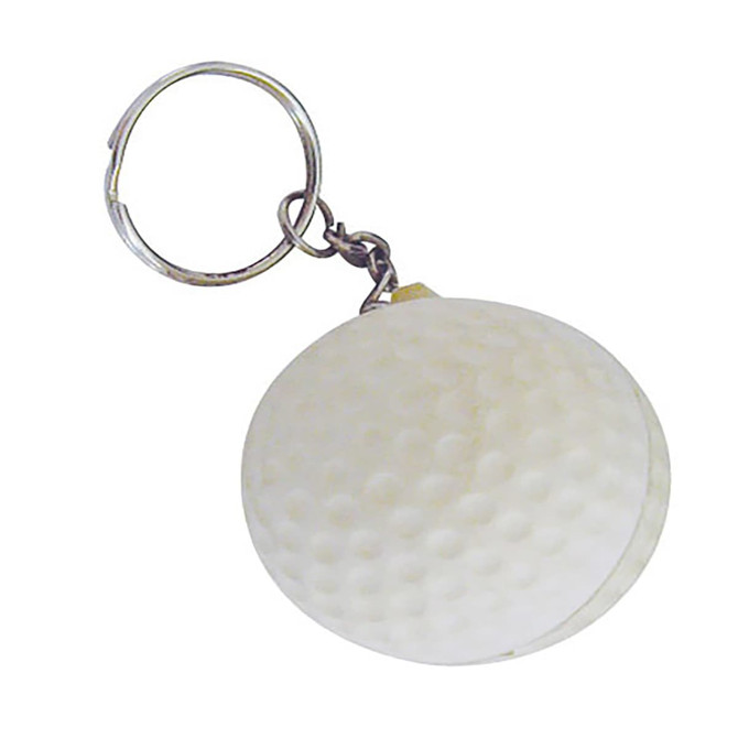 A white stress golf ball key ring with a silver keychain attachment.