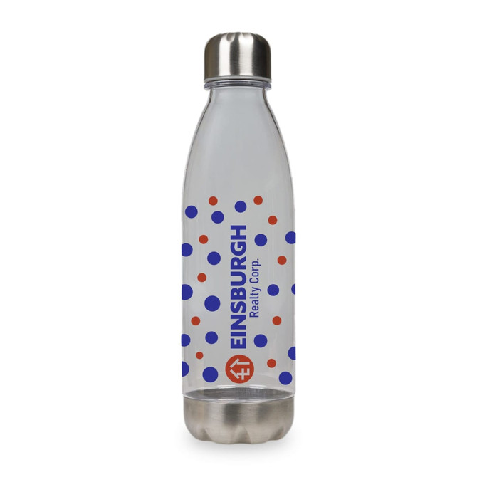 A drink bottle with a clear body featuring colourful polka dots in red and blue, and a stainless steel cap.