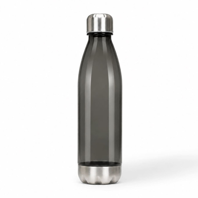 A drink bottle in a sleek grey design with a stainless steel cap and base, featuring a simple logo.