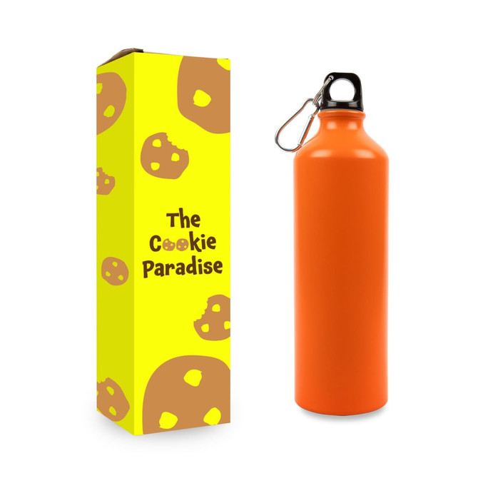 A drink bottle in bright orange with a black lid and carabiner, displayed next to a colourful packaging box.