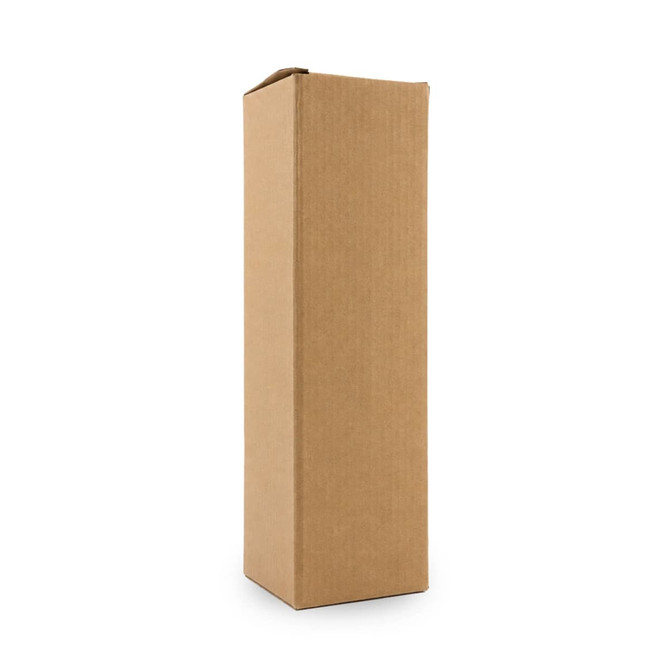 A drink bottle in a plain brown cardboard packaging box, featuring a tall, rectangular shape. The box has a simple design.