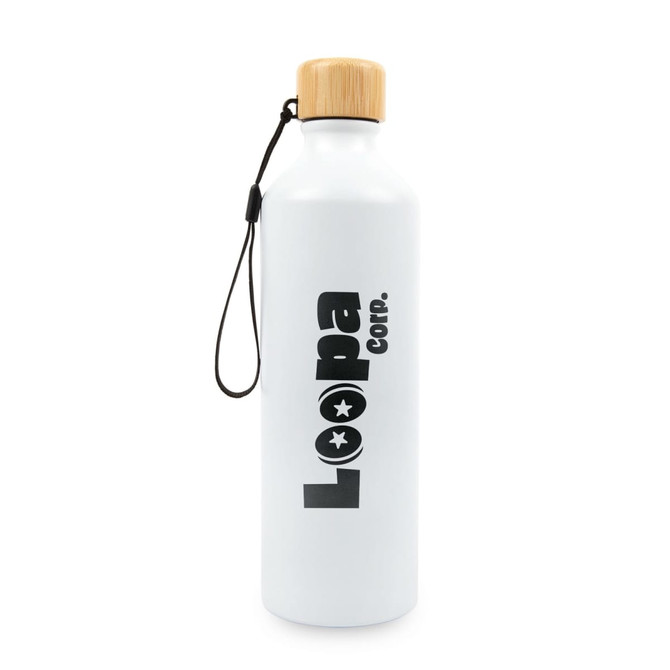 A drink bottle in matte white with a bamboo lid and a black logo. Features a convenient carry strap.
