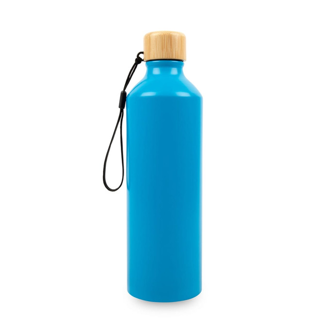 A drink bottle in bright blue with a bamboo lid and a black strap, featuring a logo.
