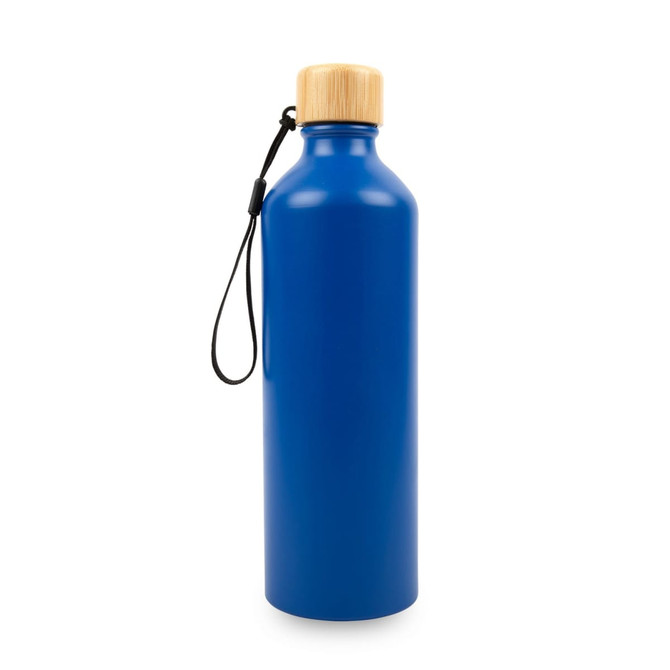 A drink bottle in blue with a bamboo lid and a carry strap, featuring a logo.
