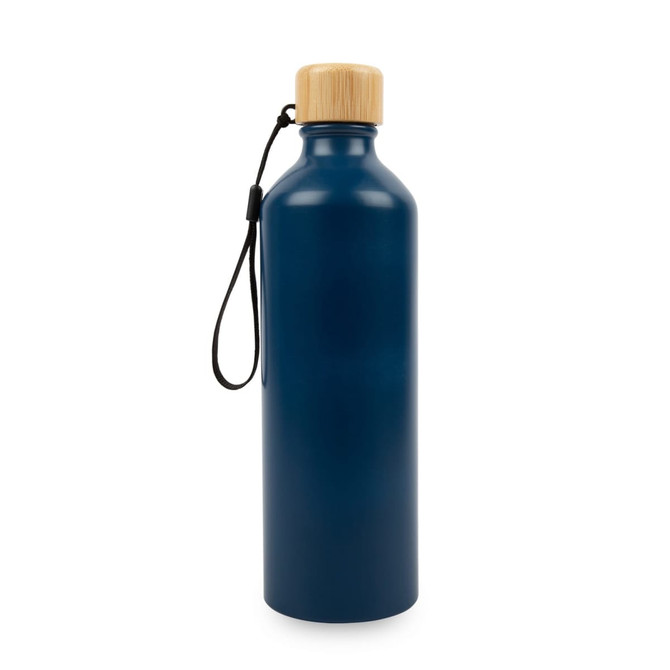 A drink bottle in navy blue with a bamboo lid and a carry strap. It features a logo.