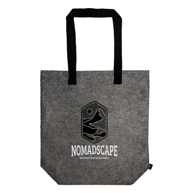 A grey tote bag with black handles and a logo, featuring a minimalist design.