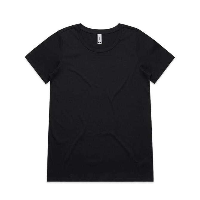 A black t-shirt with a round neckline and short sleeves, featuring a logo tag inside.