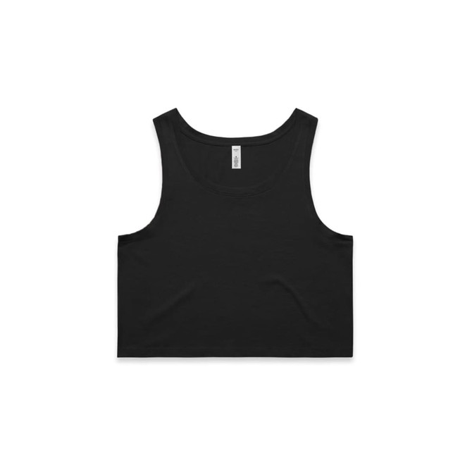A black crop singlet with a wide neckline and a simple design. It features a label and has a logo.