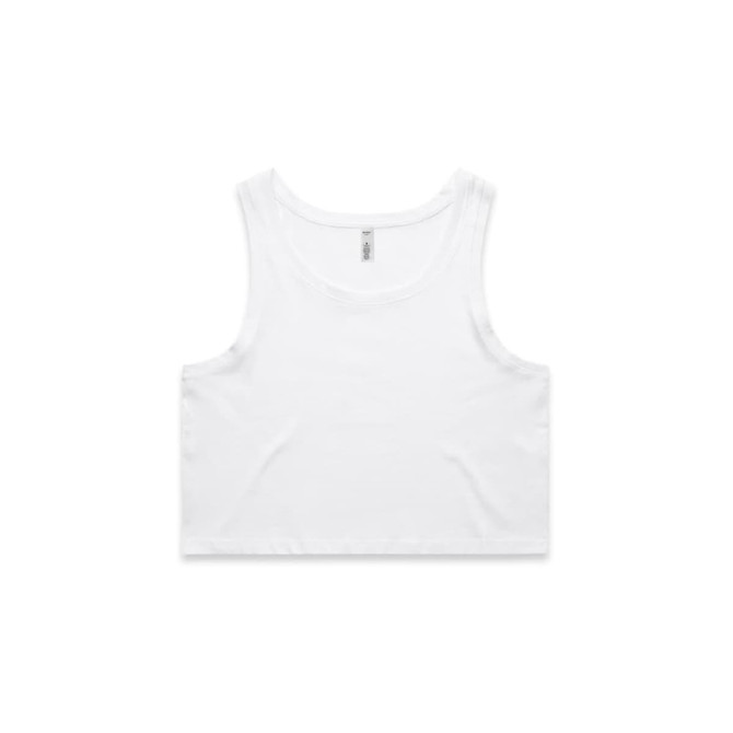 A white crop singlet featuring a round neckline and a logo. Suitable for casual wear or layering.