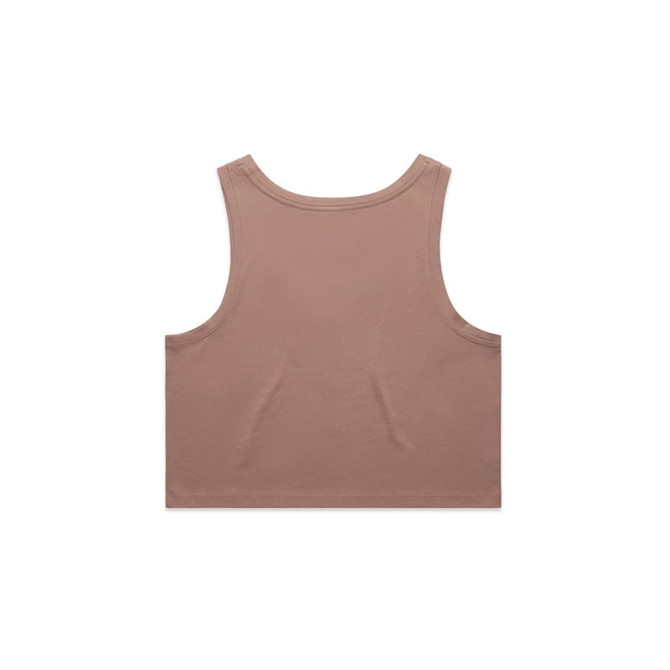 A plain, brown crop singlet with a sleeveless design and a simple back. It features a subtle branding logo.