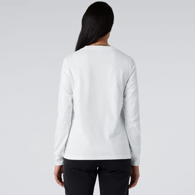 A long-sleeve white t-shirt viewed from the back, featuring a branding logo on the neck.