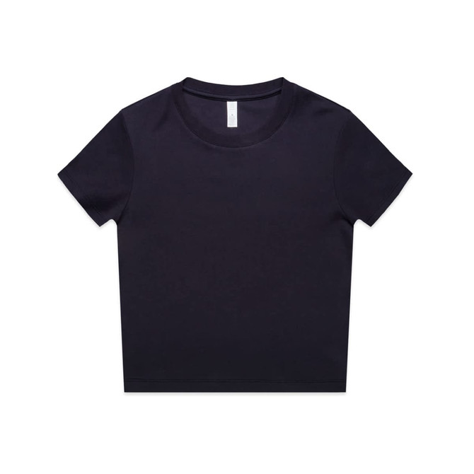 A dark navy short-sleeve T-shirt with a crew neck and a branded label.
