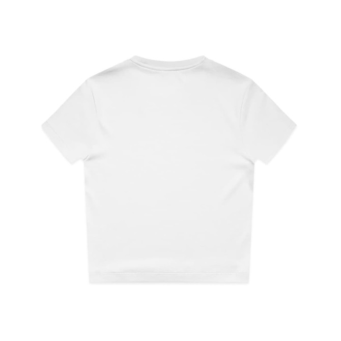 A white short-sleeved t-shirt featuring a plain back design and a small logo.