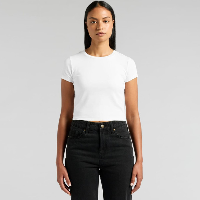 A white crop t-shirt displayed on a model wearing black jeans. The shirt features a simple design and has a logo.