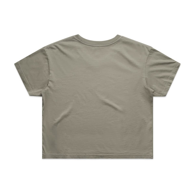A faded crop tee in olive green, featuring a loose fit and a simple design, with a logo on the back.