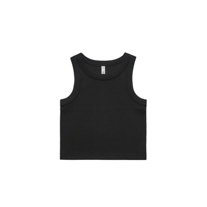 A black organic rib crop tank top with a sleeveless design and a small logo. Suitable for casual wear.