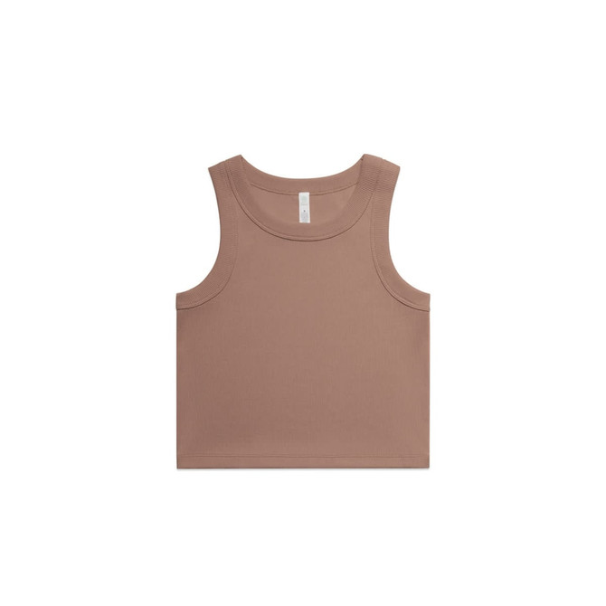 A brown organic rib crop tank featuring a sleeveless design and a simple logo.
