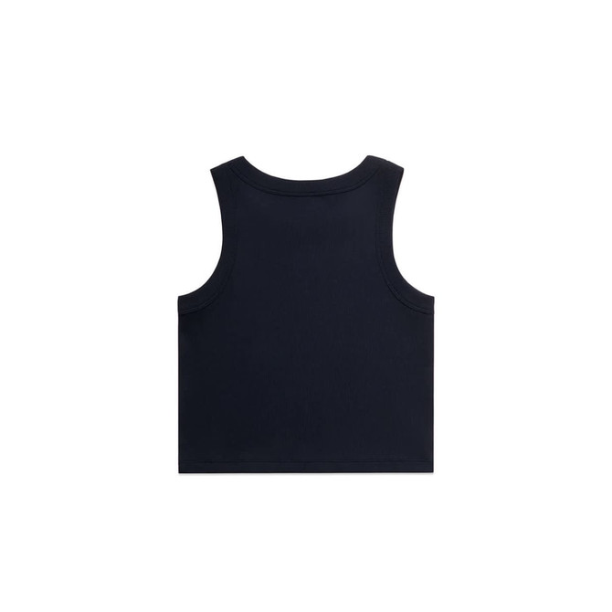 A black organic rib crop tank top featuring a sleeveless design and a simple back. It has a logo.
