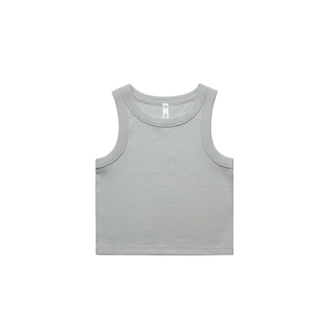 A light grey rib crop tank top with a fitted design and a logo. Perfect for casual wear.