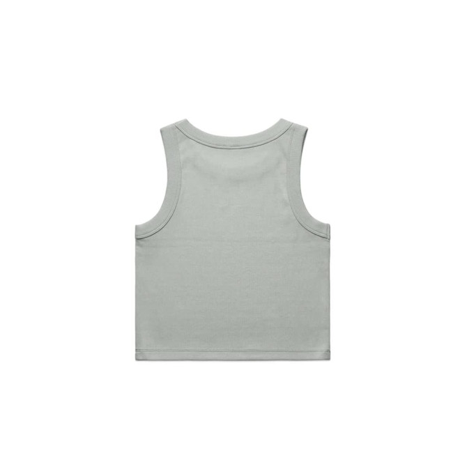 A light green organic rib crop tank top with a simple, clean design and a logo tag.