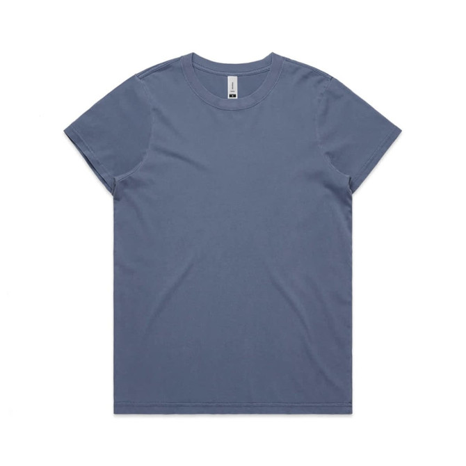 A faded blue T-shirt featuring a round neckline and short sleeves. It has a branding logo.