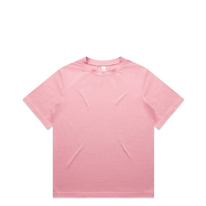 A pink heavy tee shirt with a simple design and a logo on the label.