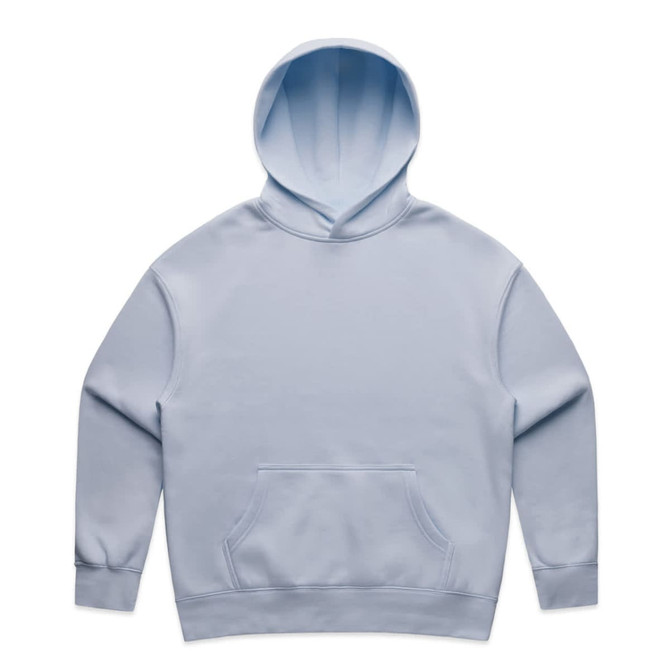 A light blue hoodie with a front pocket and a hood, featuring a logo on the front.
