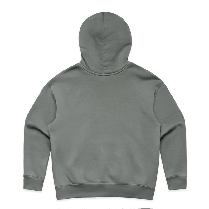 A grey hoodie with a large hood and a plain back, featuring a logo at the neckline.