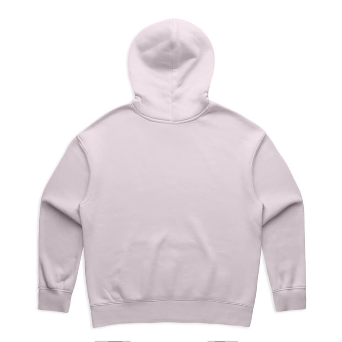 A pale pink hoodie with a spacious hood and ribbed cuffs, featuring a simple design and no visible branding.