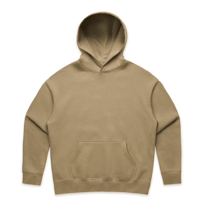 A beige hoodie with a front pocket and a large hood, featuring a logo on the front.